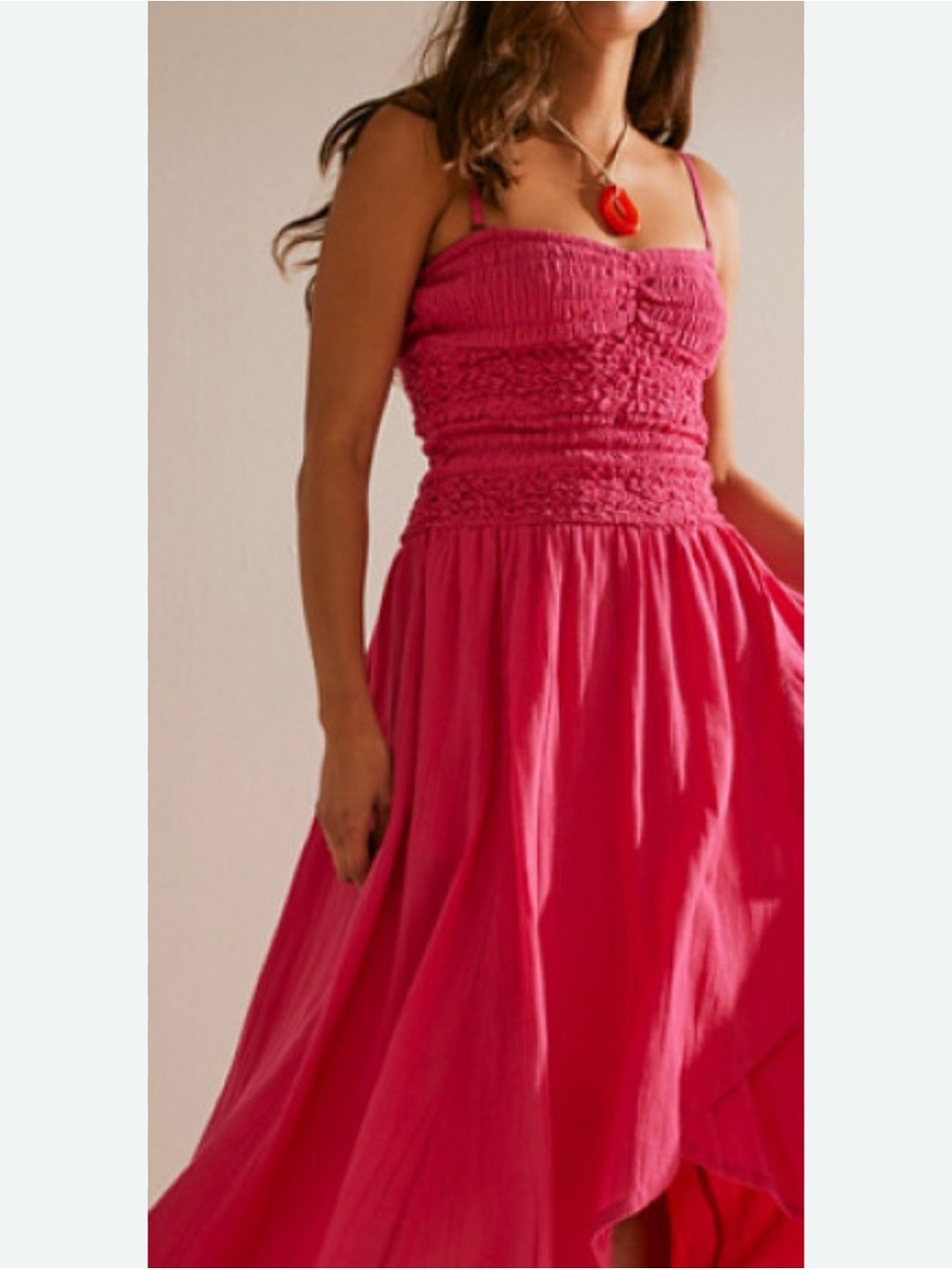 Free People Sparkling Moments Bright Fuchsia Smocked Midi Dress Beach Large